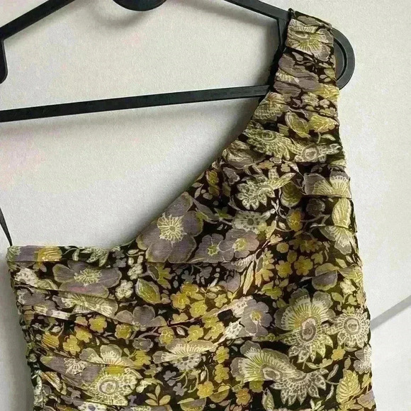 Zara ruched  one shoulder mini floral Black Gold Short Party Dress size S - Picture 5 of 9